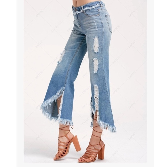 ZARA premium Destroyed Frayed Asymmetrical Flare Jeans size 2 women’s 100 cotton - Picture 7 of 13